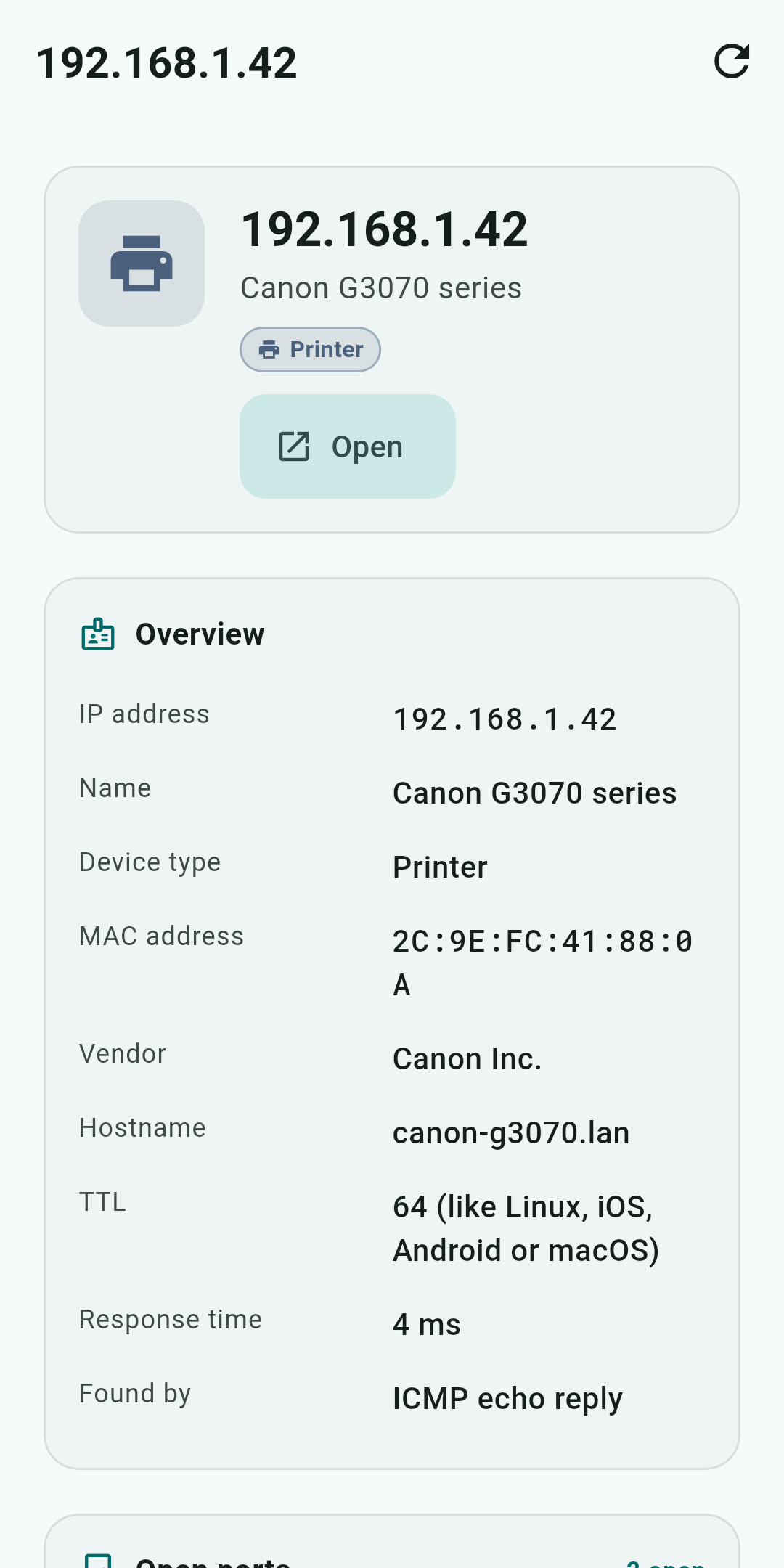 Device details — What the LAN scan learned about one device, down to the MAC vendor and the OS its TTL suggests.