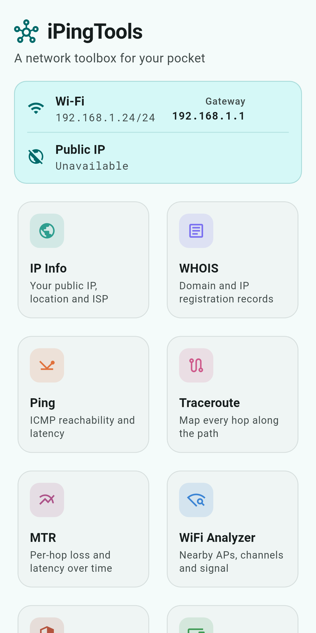 The iPingTools home screen, showing the connection banner and the grid of tools.