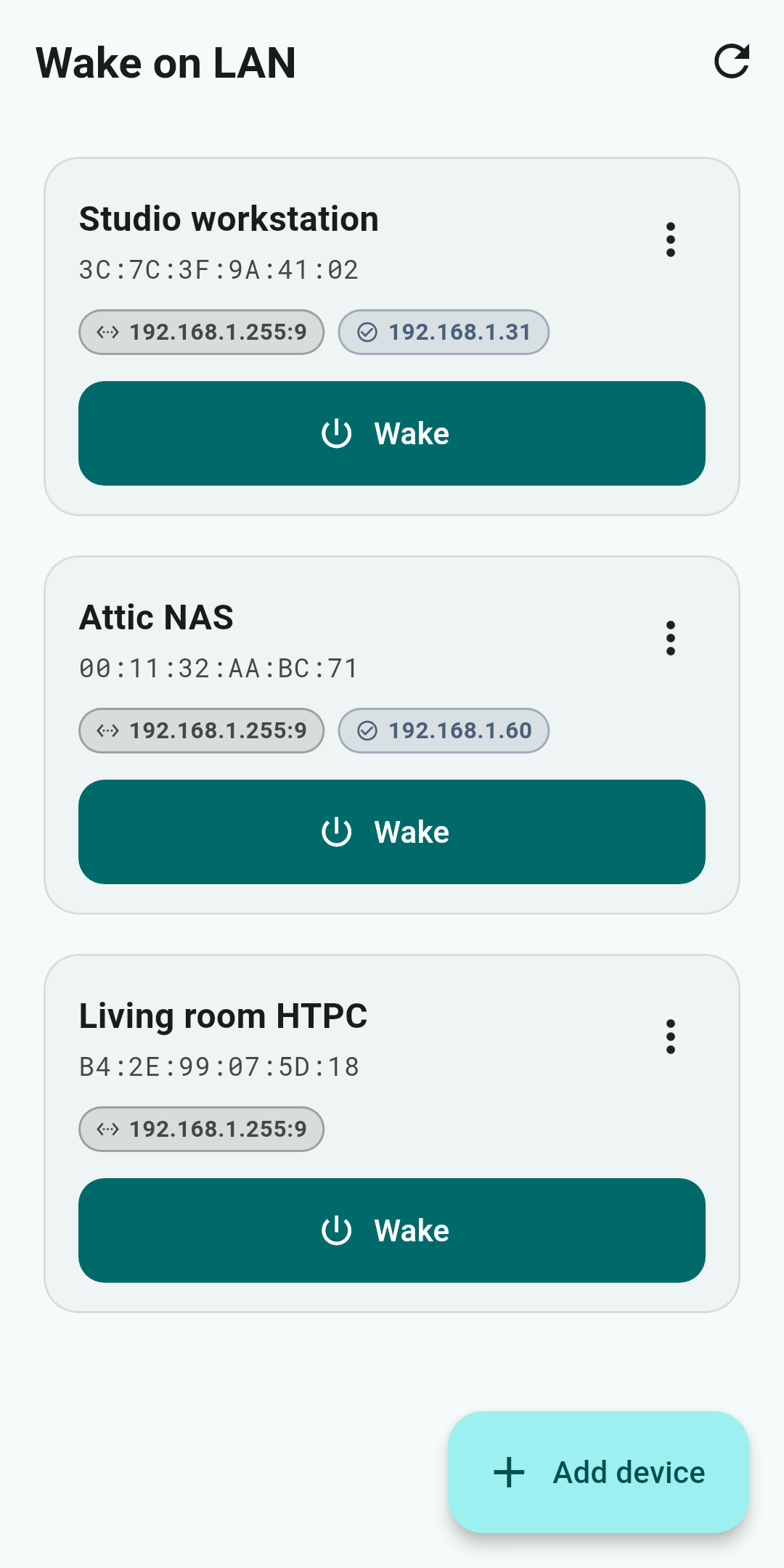 Wake on LAN — Saved machines, ready to wake with one tap and confirm afterwards.